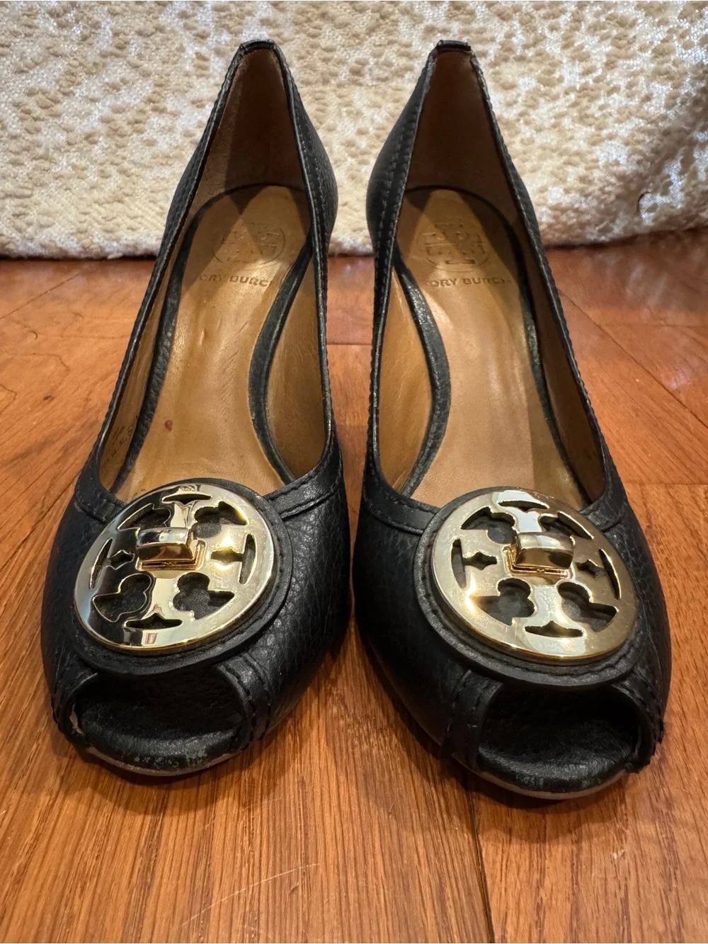 Tory Burch Black Leather Wedge Pumps with Gold Logo